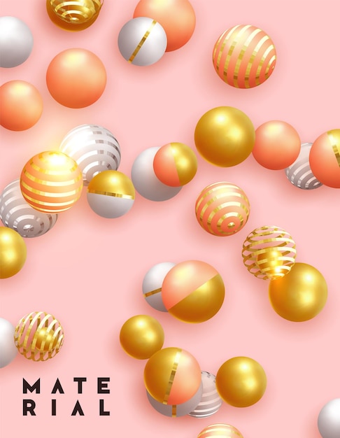 無料ベクター 抽象的な最小限の背景。オブジェクト 3 d 形状の金と銀のボール、白とピンクの体積の丸い球。ベクトル現実的な幾何学的要素