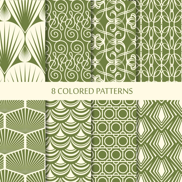 Free vector abstract minimalistic vintage seamless patterns set with different green geometric shapes of repeating structure