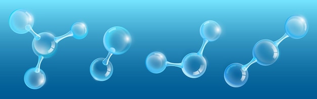 Free vector abstract molecular structure from shiny glass spheres. vector realistic set of 3d molecules, chemical or biotechnology models with transparent crystal balls isolated on blue background