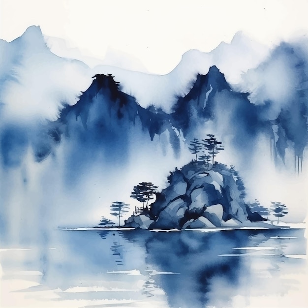 Abstract mountain landscape in japanese style indigo ink