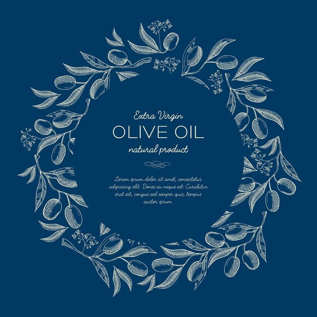 Abstract natural sketch blue poster with round wreath from olives tree branches and text
