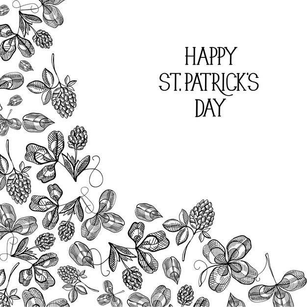 Abstract natural St Patricks Day template with greeting inscription sketch shamrock and four leaf clover vector illustration