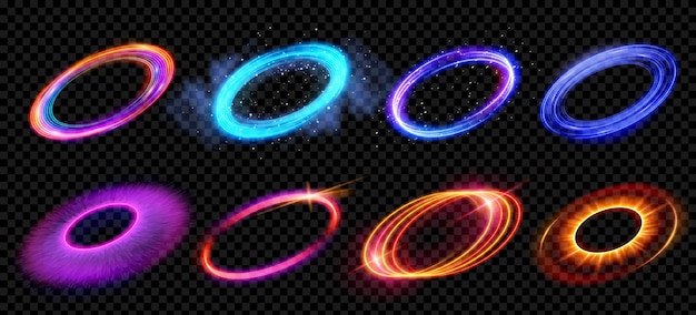 Vettore gratuito effetto bagliore vettoriale di luce astratta dell'anello al neon isolato su sfondo trasparente illustrazione del bordo rotondo rosa scintillante bella linea di forma radiante viola brillante con fumo e sfera flyffy