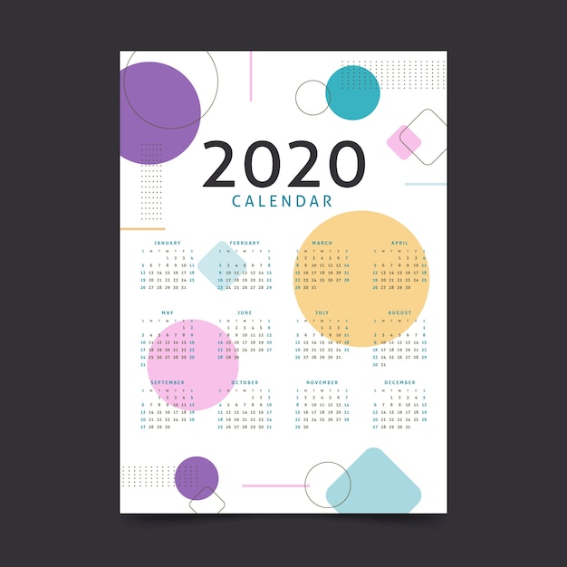 無料ベクター 抽象的な新年2020年カレンダーテンプレート
