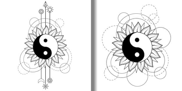 Abstract patterns set with yin and yang sun moon star and geometric elements