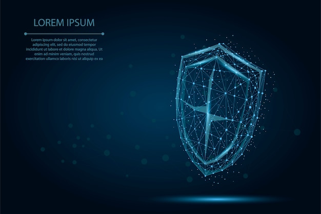 Abstract polygonal low poly shield. protect and secure digital wireframe