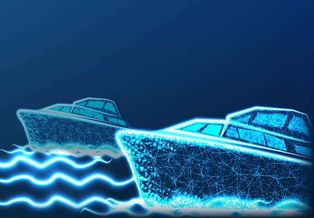 Abstract polygonal marine ship or boat with texture of starry sky vector illustration consisting of polygons points and lines isolated on dark blue background