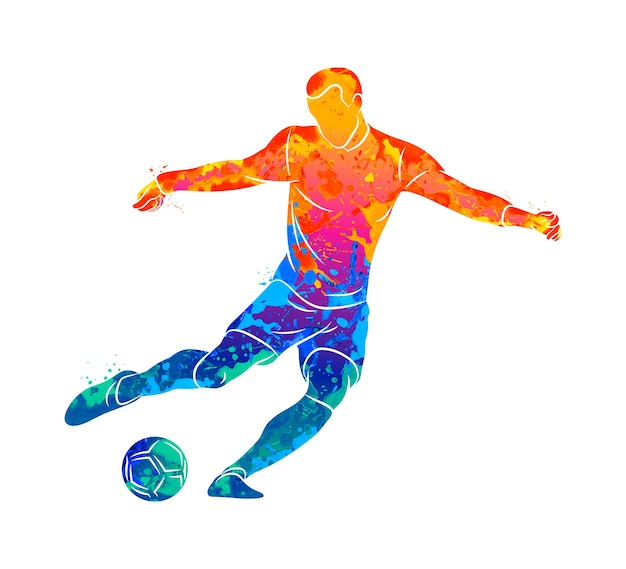 白い背景のキックオフのためのサッカーボールを踏むフットボール選手の足 プレミアムベクター