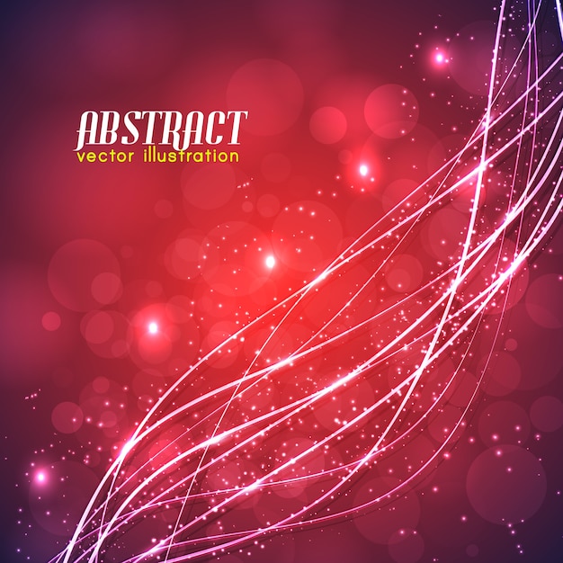 Abstract red background with blurred lights and curved glowing white lines with sparkles