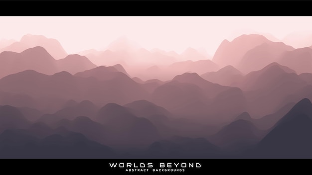 Abstract reddish landscape with misty fog till horizon over mountain slopes