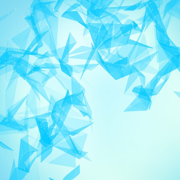 Abstract vector blue mesh background. Chaotically connected points and polygons flying in space. Flying debris. Futuristic technology style card. Lines, points, circles and planes. Futuristic design.