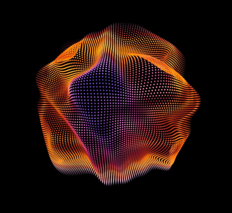 मुफ़्त वेक्टर abstract vector colorful mesh on dark background. futuristic style card. elegant background for business presentations. corrupted point sphere. chaos aesthetics