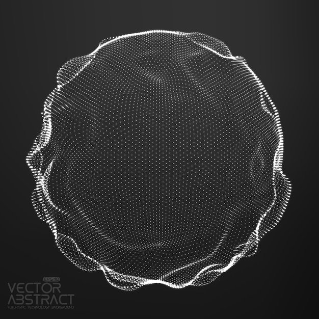 Abstract vector monochrome mesh sphere on dark background. Futuristic style card. Elegant background for business presentations. Corrupted point sphere. Chaos aesthetics.