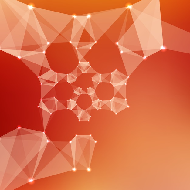 Abstract vector red mesh background. Chaotically connected points and polygons flying in space. Flying debris. Futuristic technology style card. Lines, points, circles and planes. Futuristic design.
