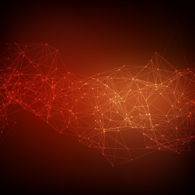 Abstract vector red mesh background. Chaotically connected points and polygons flying in space. Flying debris. Futuristic technology style card. Lines, points, circles and planes. Futuristic design.