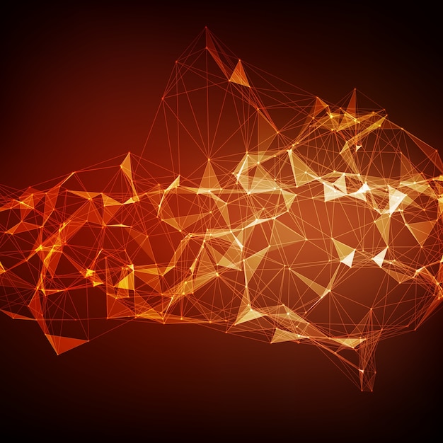 抽象的なベクトル赤いメッシュの背景。空間的に接続された点とポリゴン。飛散した破片。未来的なテクノロジースタイルのカード。線、点、円、面。未来的なデザイン。