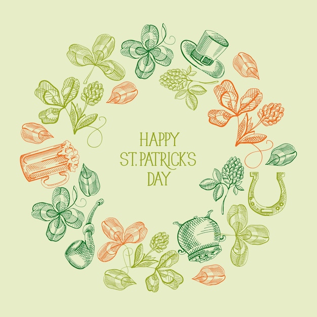 La cartolina d'auguri d'annata astratta di giorno della st patricks con l'iscrizione di saluto e i simboli e gli elementi tradizionali di schizzo vector l'illustrazione