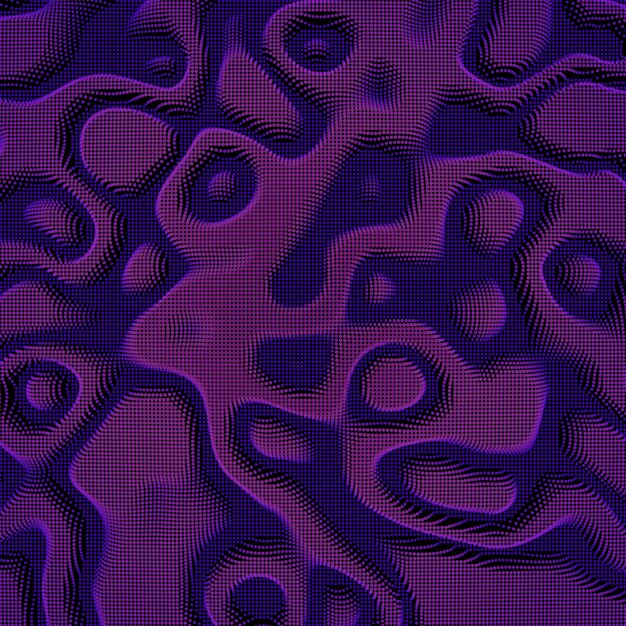 Abstract  violet colorful distorted mesh plane on dark background. Futuristic style card. Elegant background for business presentations. Corrupted point plane. Chaos aesthetics.
