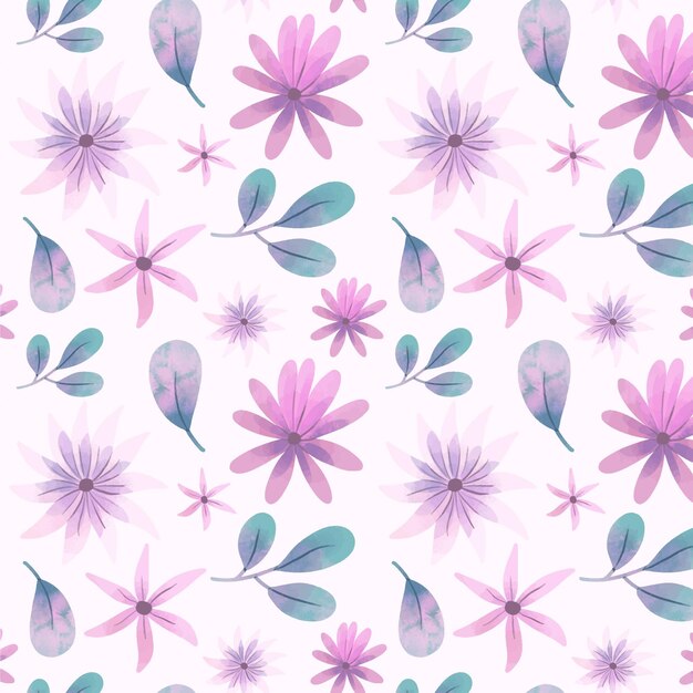 Abstract watercolor flowers pattern with leaves