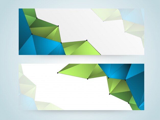  Abstract website headers set with shiny green and blue geometric low poly shape. 