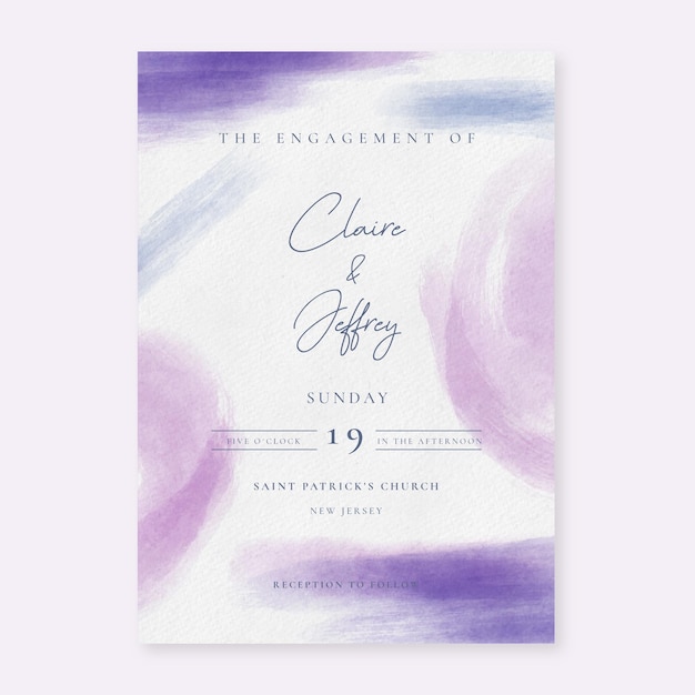 Free vector abstract wedding invitation with purple watercolor brush strokes
