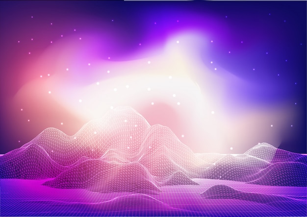 Free vector abstract wireframe landscape design with galaxy sky