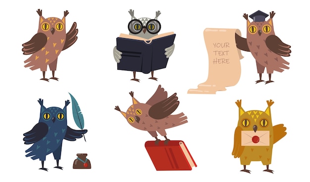 アカデミックフクロウセット。本と卒業キャップのかわいい漫画の鳥。教育、大学、学校、知識の概念のベクトルイラスト