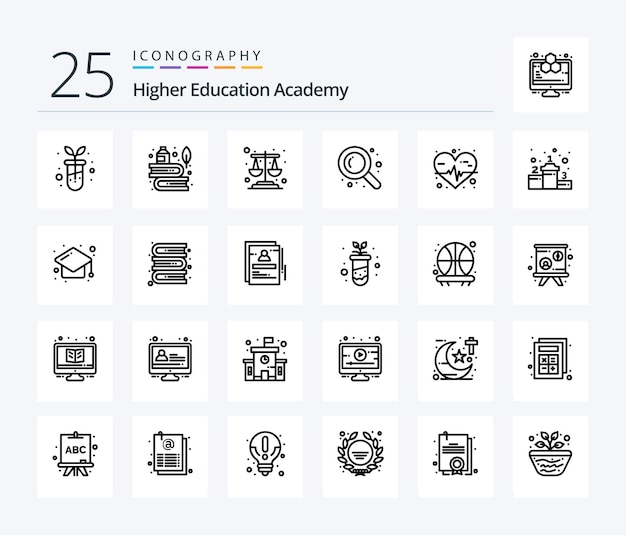 Academy 25 Line icon pack including achievement heart rate balance heart search