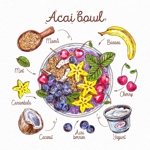 Free vector acai bowl recipe illustrated