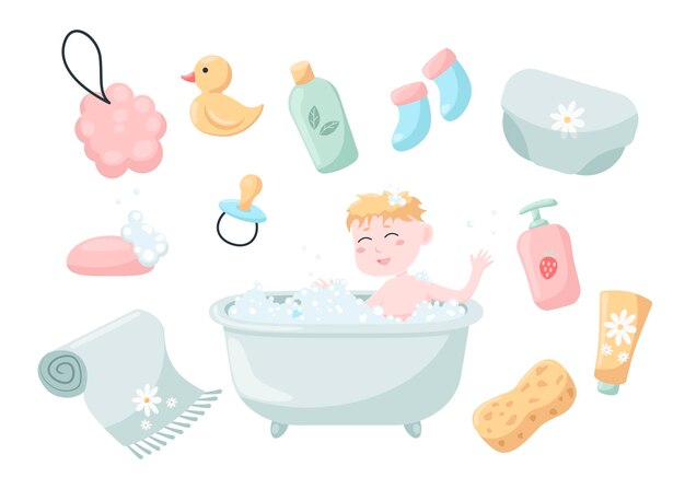 Accessories for bathing children vector illustrations set