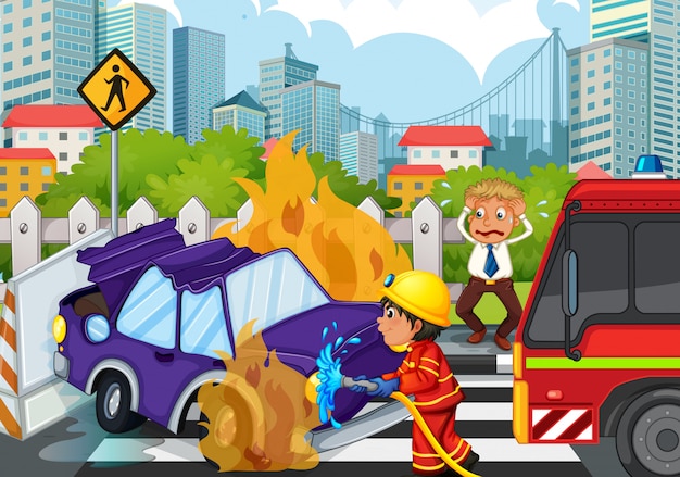 消防士と火の車との事故現場