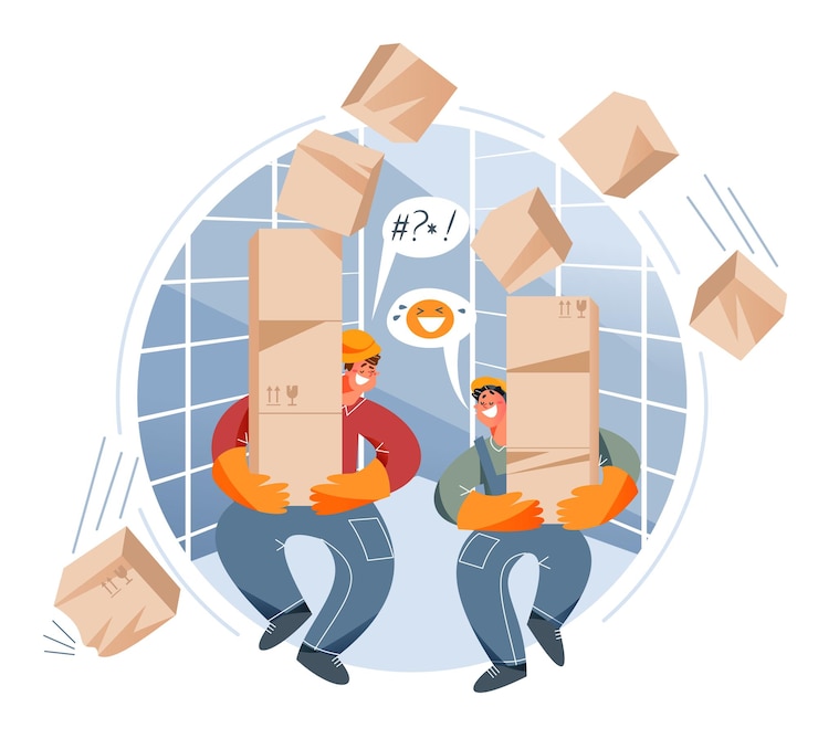 Free Vector accident in warehouse with people careless men talking storage workers in overall and helmet carrying high stack of parcels cardboard boxes falling down and breaking