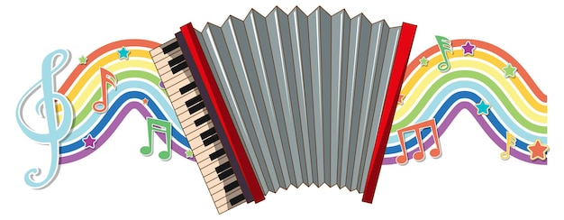 Accordion with melody symbols on rainbow wave