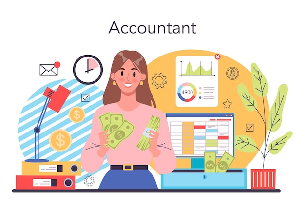 Free vector accountant concept professional bookkeeper tax calculating and financial analysis business character making financial operation vector illustration