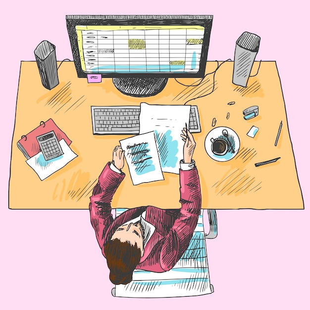 Accountant office employee work place tools with woman sitting on table colored top view sketch vector illustration