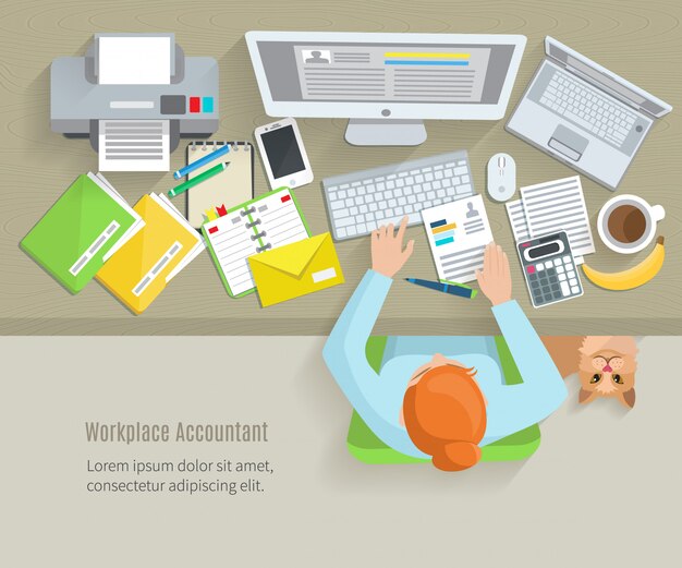 Accounter top view workplace with woman sitting and working objects 