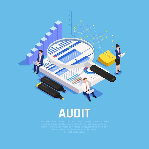 Accounting isometric composition with charts documentation and human characters during audit on blue