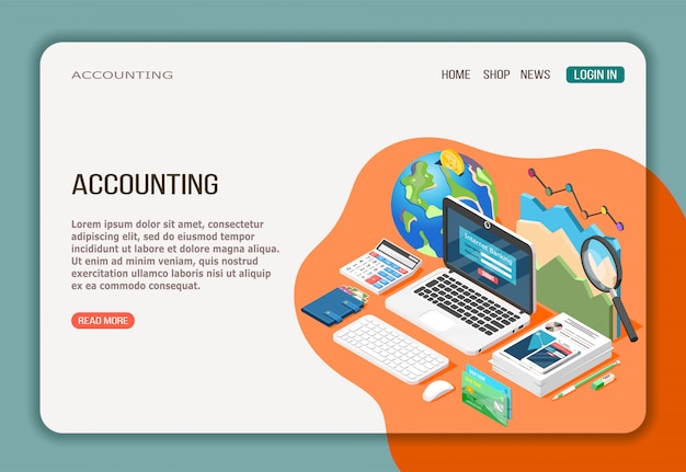 Free vector accounting isometric web page with economy analysis internet banking and documentation on white orange