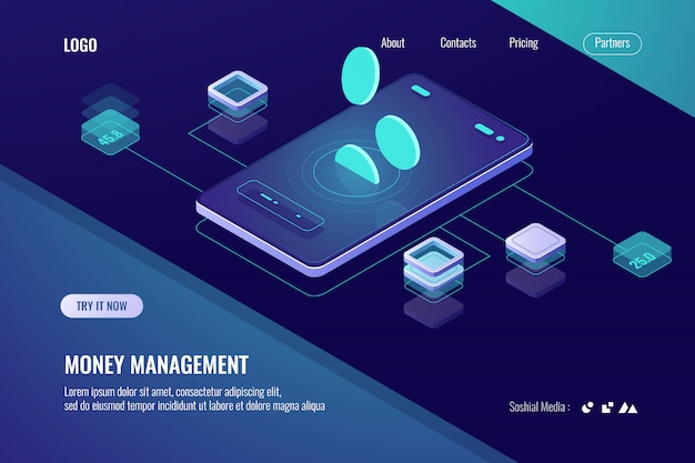 Accounting money, isometric online bank, horizontal banner of mobile application for cryptocurrency