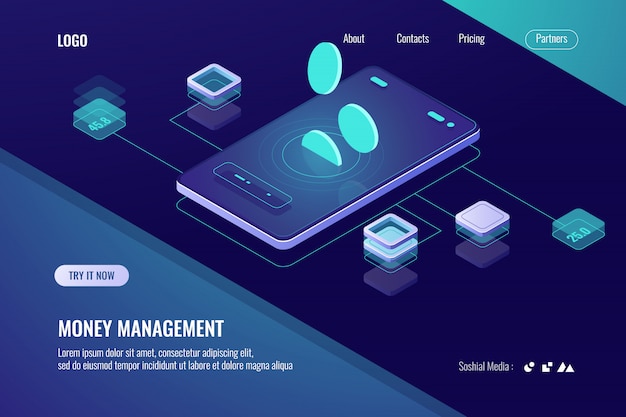 무료 벡터 회계 돈, 아이소 메트릭 온라인 은행, 암호 화폐를위한 모바일 애플리케이션의 가로 배너