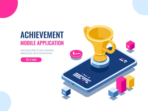 Achievement in education process isometric, mobile phone with golden cup, winner smartphone game