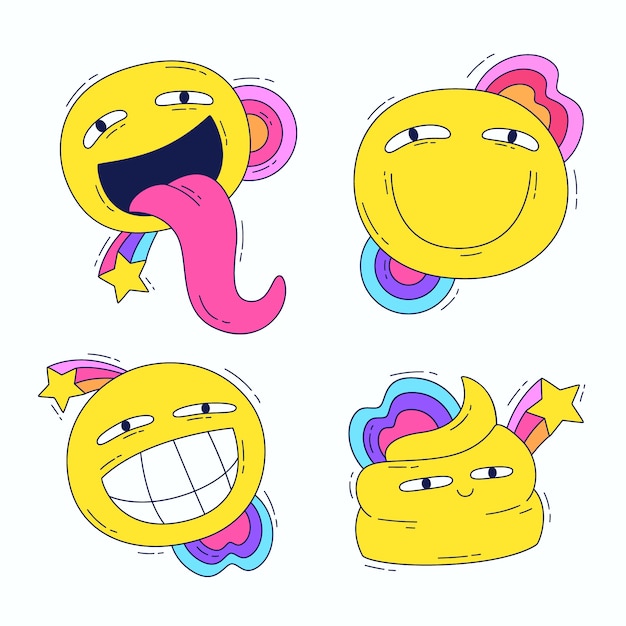 Free vector acid colors hand-drawn funny sticker collection