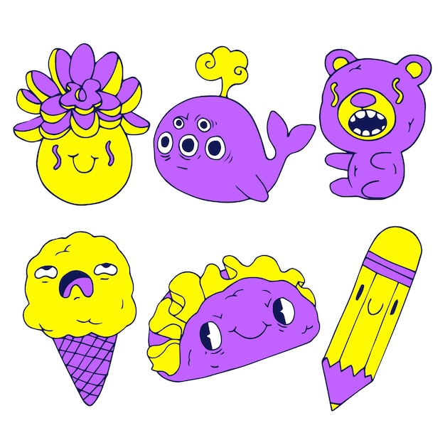 Free vector acid colors hand-drawn funny sticker collection