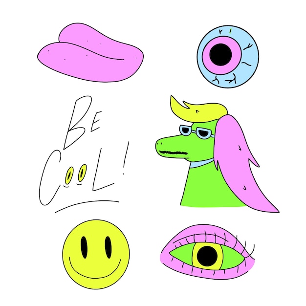 Acid colors hand-drawn funny sticker set