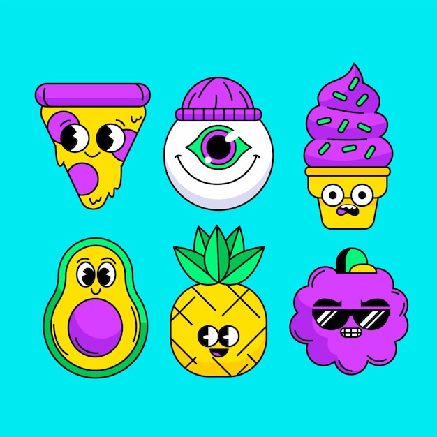 Free vector acid colors hand-drawn funny sticker set