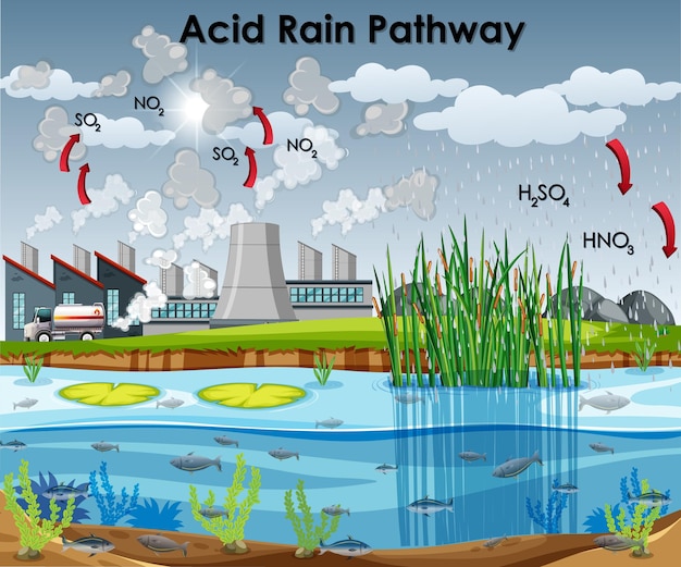 Free vector acid rain pathway diagram with water and factory