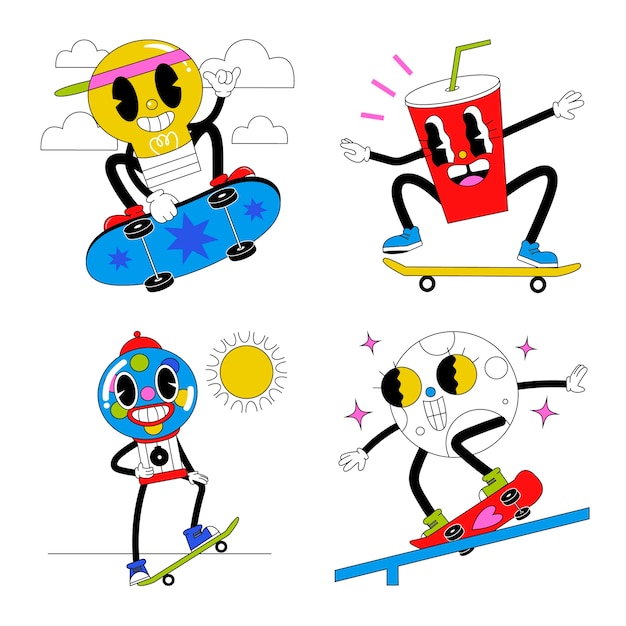 Бесплатное векторное изображение Коллекция наклеек с кислотным скейтбордингом