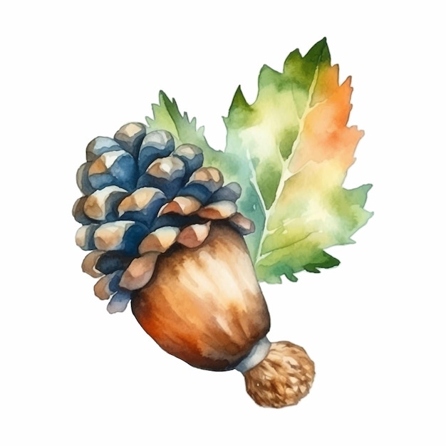 Acorn watercolor illustration Clipart element isolated on white background