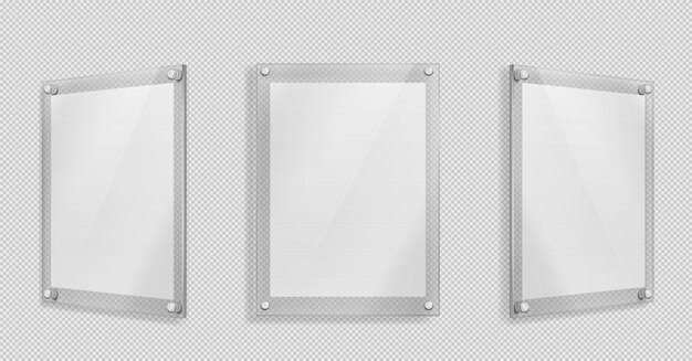 Acrylic poster, blank glass frame hang on wall isolated on transparent