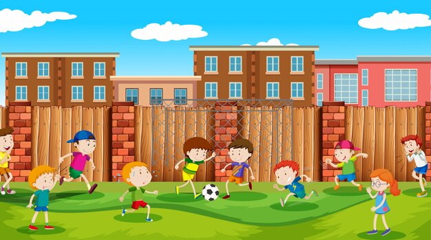 Active boys and girls playing sport and fun activities outside